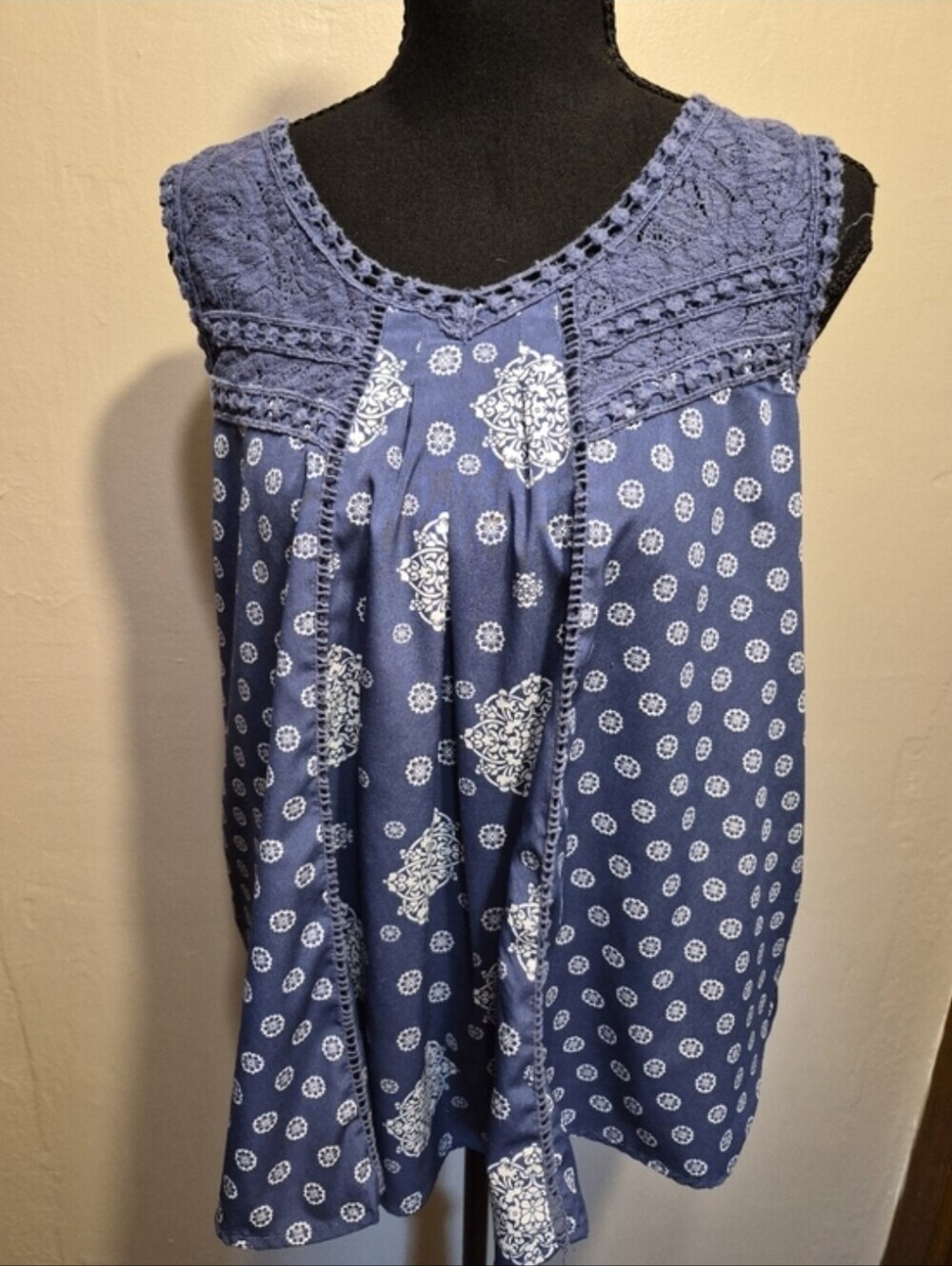 Japna Boho Sleeveless Print Top Blouse With Crochet Lace XL